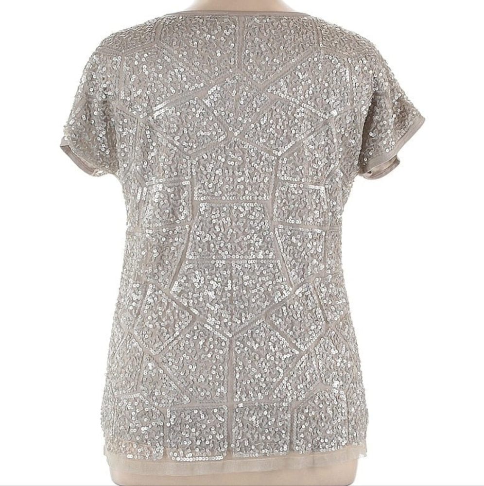 Sundance Sequin & Macrame Pullover Short Sleeve Top, XL, Taupe - Picture 2 of 4